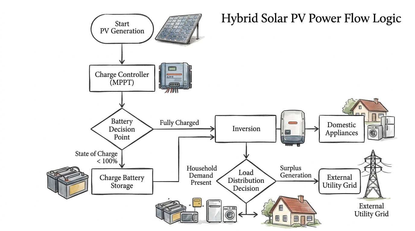 Flowchart of a hybrid solar system: panels, charge controller, battery decision, inversion, then home appliances or the utility grid.