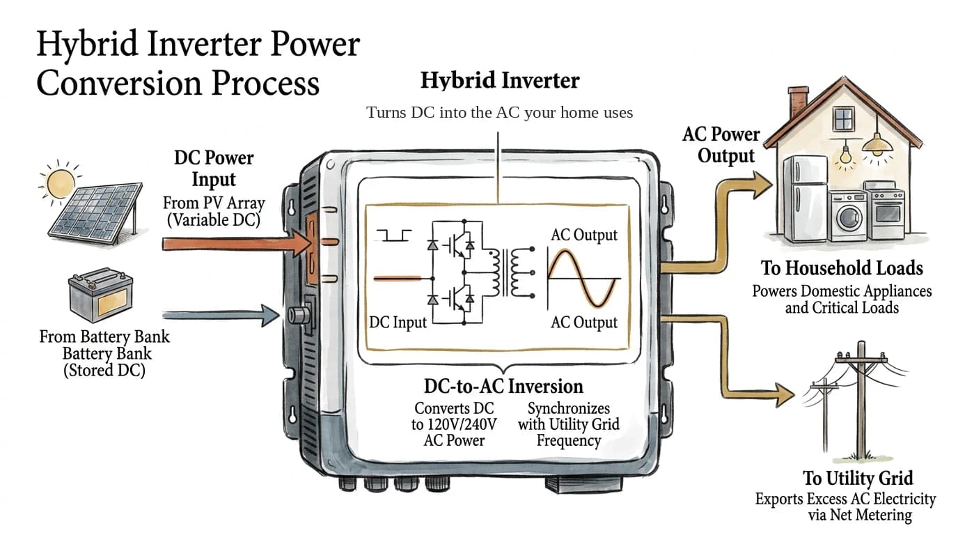 Inside a hybrid inverter: DC from the panels and battery goes in, a switching circuit turns it into AC, which powers the home and sends extra to the grid.