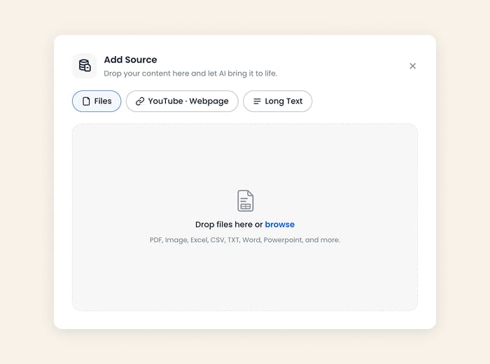 Add PDF, notes, YouTube, link, and image sources