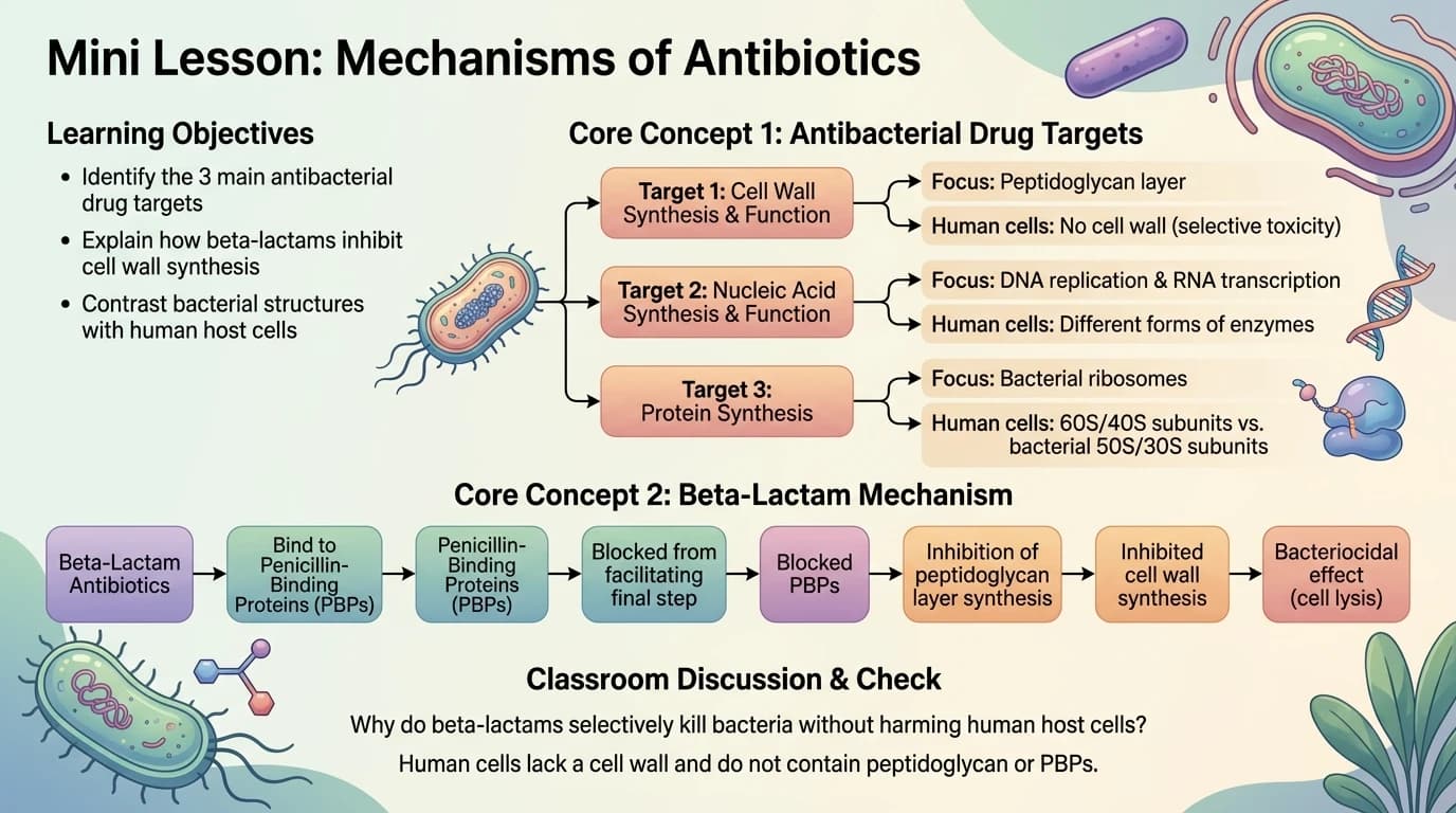 Visual di mini lezione per homeschooling sui bersagli antibatterici, meccanismo beta-lattamico e tossicità selettiva