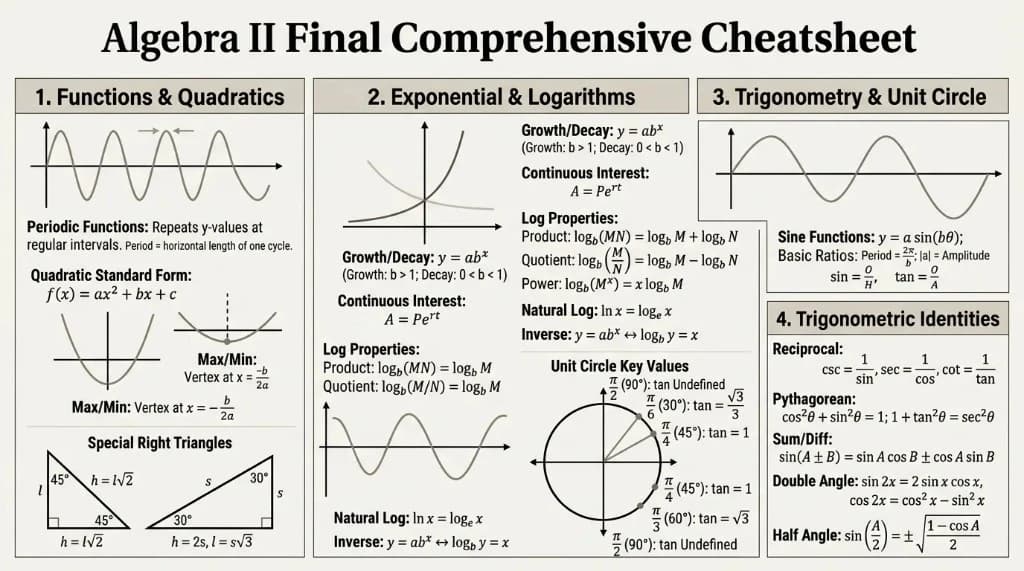 AI-generated Algebra II final exam cheat sheet with formulas, quadratics, and trigonometry for test prep