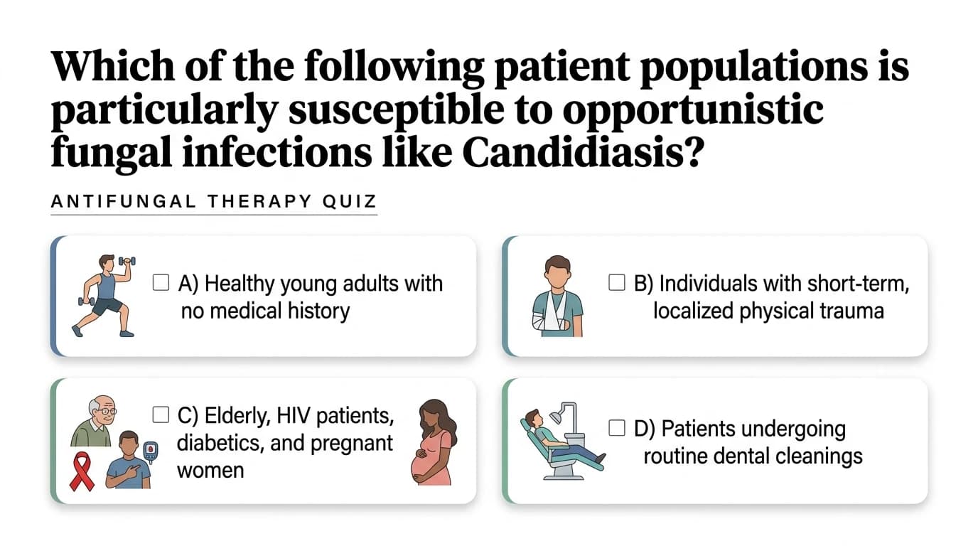 Antifungal therapy quiz with multiple-choice questions on Candidiasis and susceptible patient populations